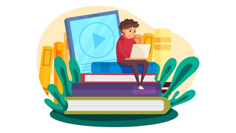 Etwas nachschlagen Illustration: Junge mit Laptop sitzt auf einem übergroßen Bücherstapel
