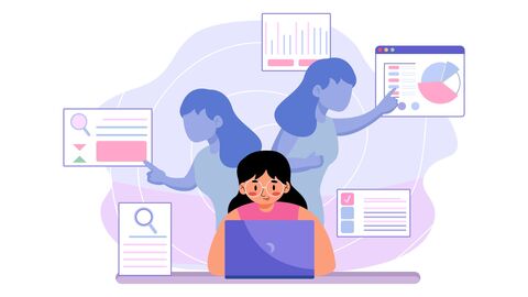 Informationen verstehen und abwägen Illustration: Mädchen macht sich online schlau. Um ihren Kopf schweben Diagramme und Listen