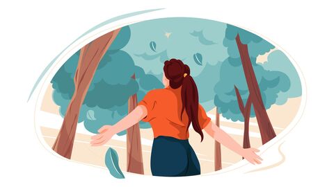Keep exploring Illustration: Junger Mensch steht unter Bäumen und breitet die Arme aus