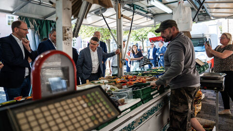 Mehrere Männer an Obststand