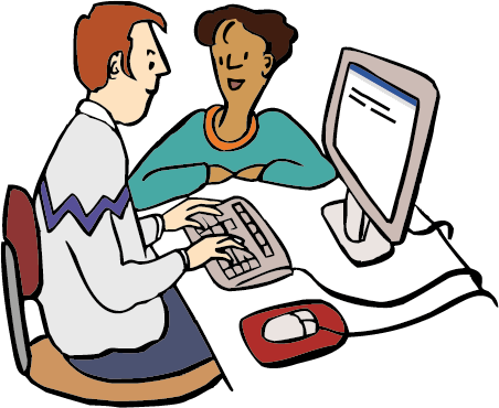 Ein Unterstützer sitzt am Computer. Eine Frau sagt ihm, was er schreiben soll.